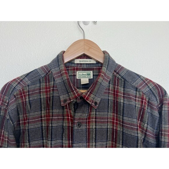 LL Bean Red Stewart Scotch Plaid Flannel Long Sleeve Button Up Traditional Fit - Picture 3 of 9